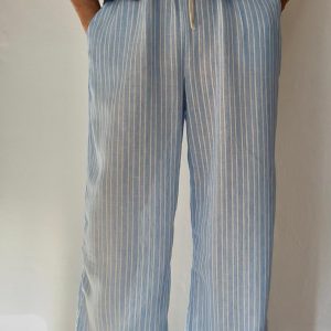 PANTALON TIPO LINO ANCHO – RAYADO CON CINTURA ELASTICA AZUL